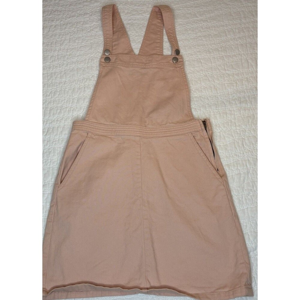 Blush pink denim pinafore overall mini dress Sz 2 cotton outdoor pockets zipper